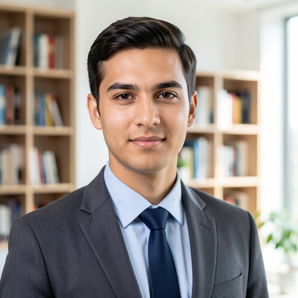 Portrait of Jasper Linwood in a bright modern office setting with bookshelves visible in the background