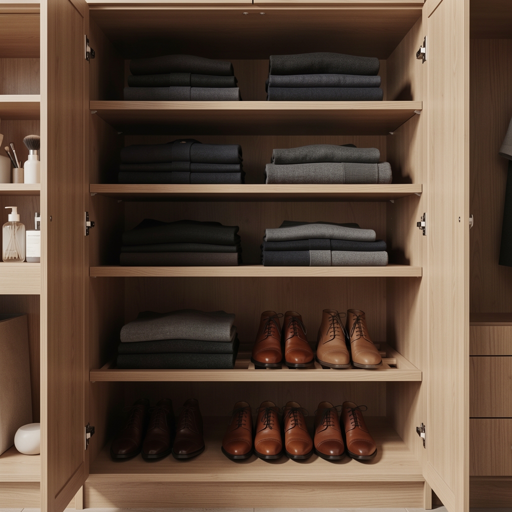 Well-organised open wardrobe with neatly folded dark garments on wooden shelves, quality leather shoes on the lower rack, minimal grooming shelf visible