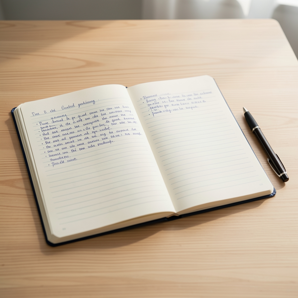 Open notebook with handwritten notes on a clean wooden desk with a single pen and natural morning light