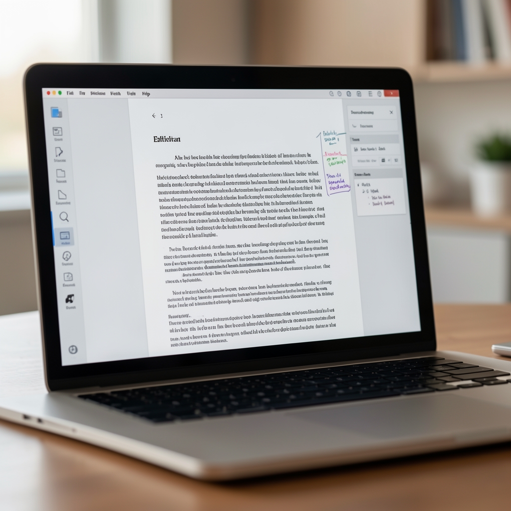Close-up of a laptop screen showing an article draft with editorial notes visible, soft background blur