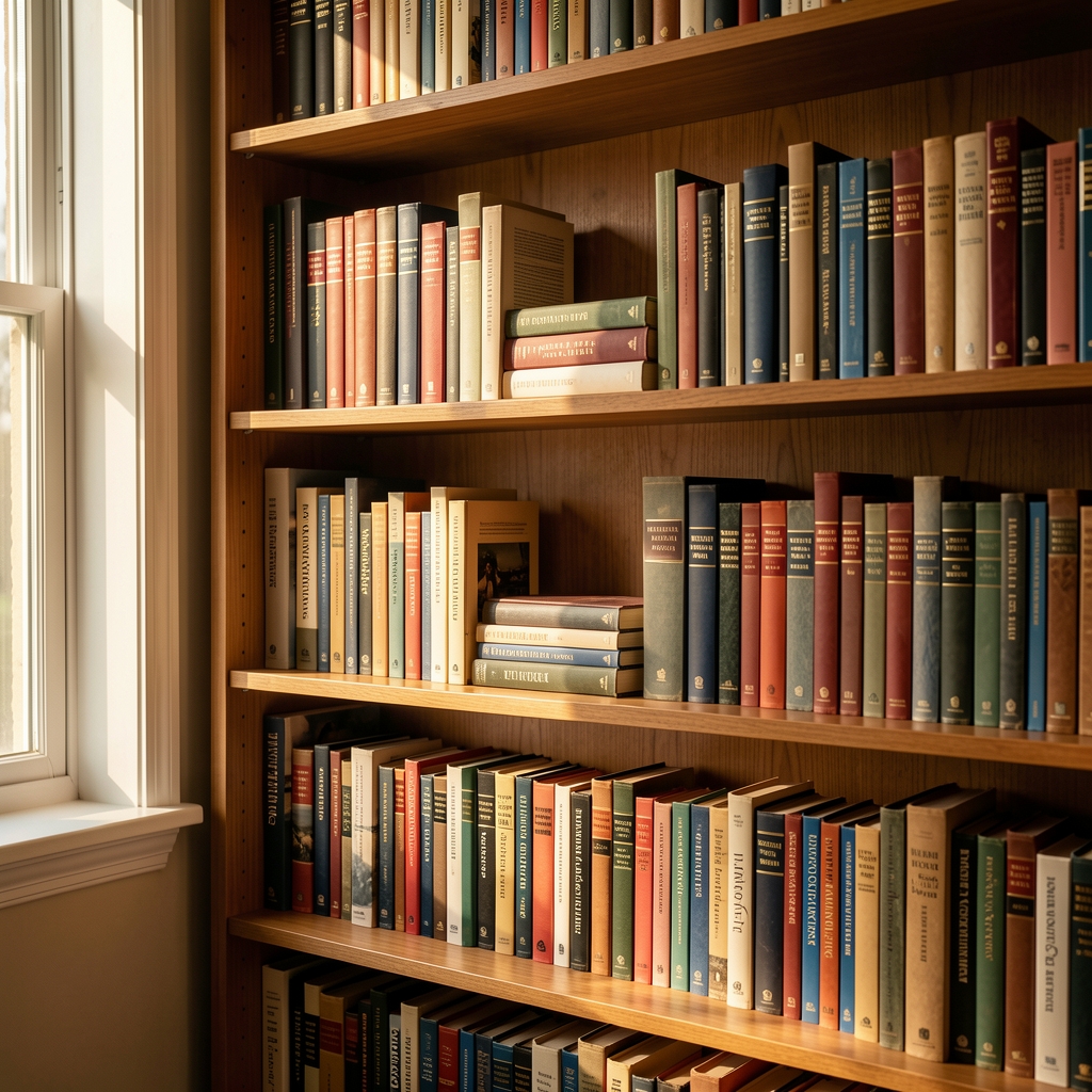 Bookshelf with organised publications and reference books, warm ambient light from a side window